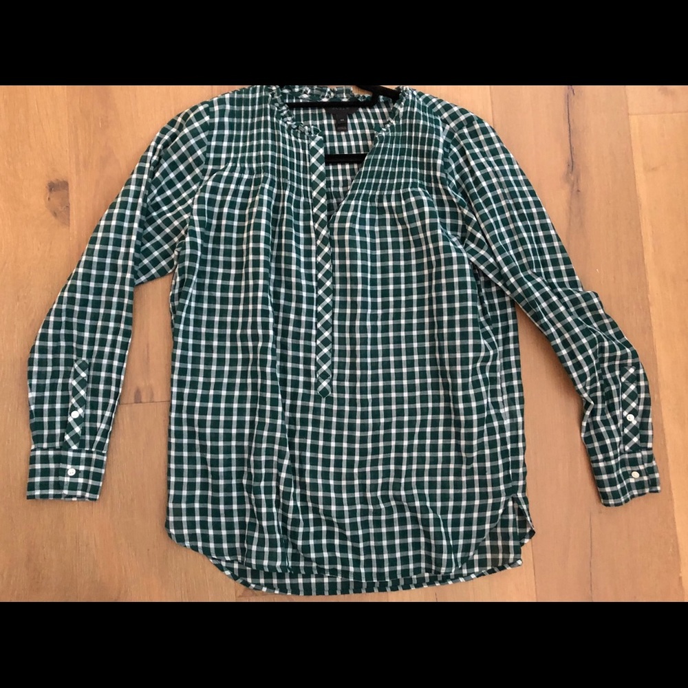 J.Crew Classic Green Gingham Ruffle Button Down